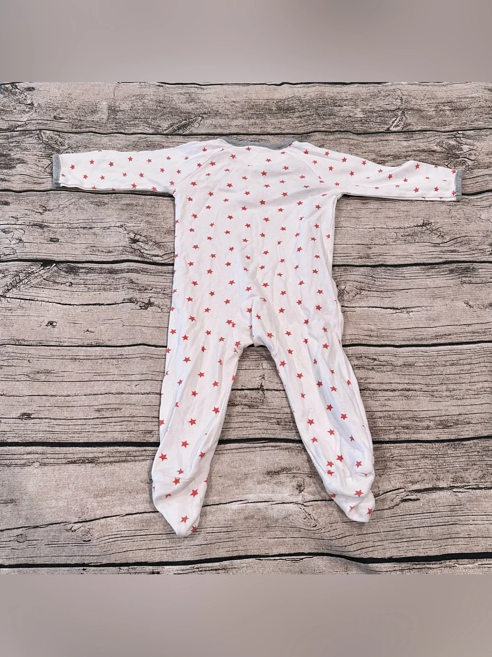 Mini Boden White Footed One-Piece with Red Star Print and Gray Trim Unisex 6-9